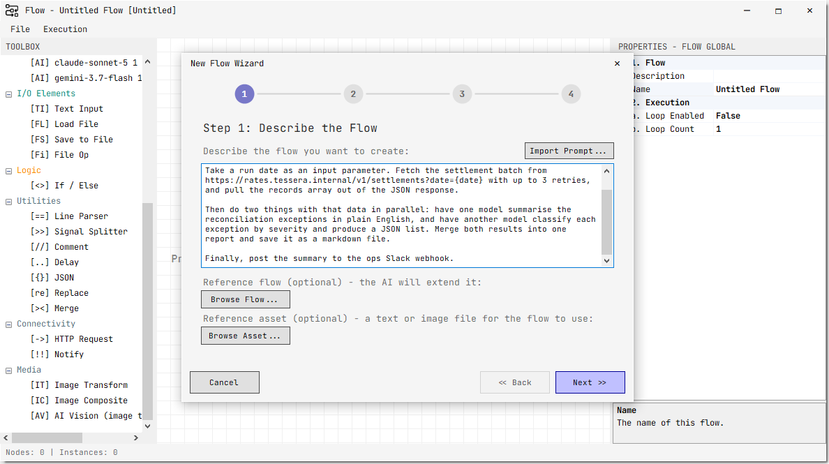The New Flow Wizard, step one, with a plain-English description of a nightly reconciliation pipeline.