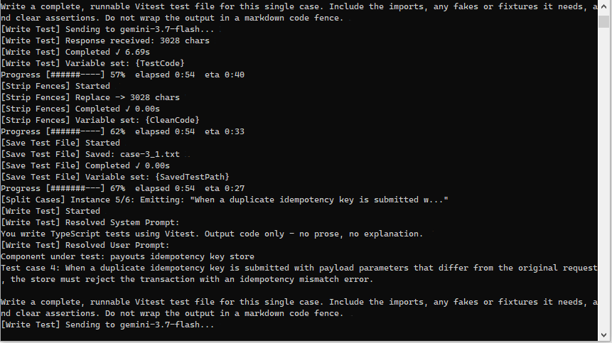 A terminal running fusion-cli with a progress bar, per-node status lines and variable assignments.