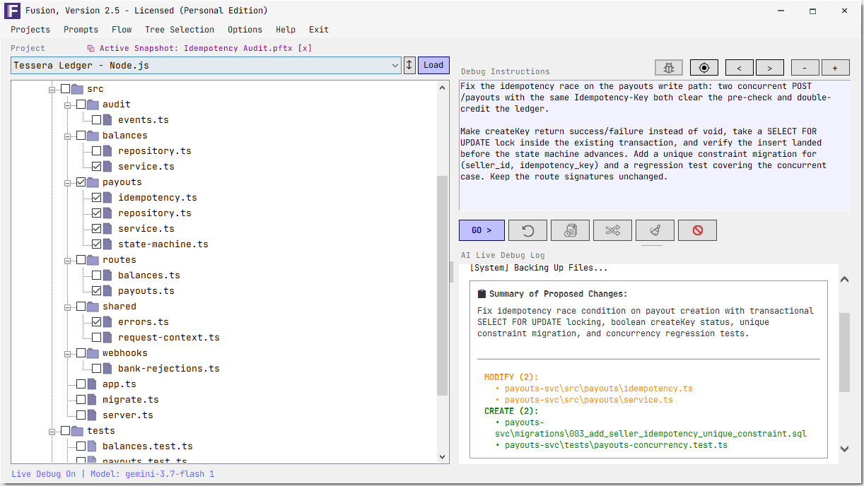 Fusion Live Debug showing a summary of proposed changes with a MODIFY list and a CREATE list, before anything is written to disk.