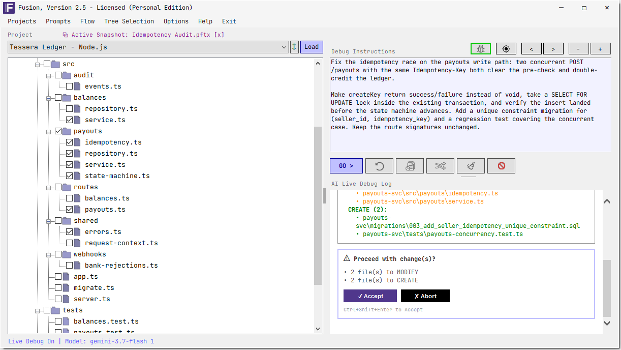 Fusion AI Live Debug: a plain-English instruction on the right, the model's full proposed change set below it, and an Accept or Abort gate reading two files to modify and two to create - none of it written to disk yet.
