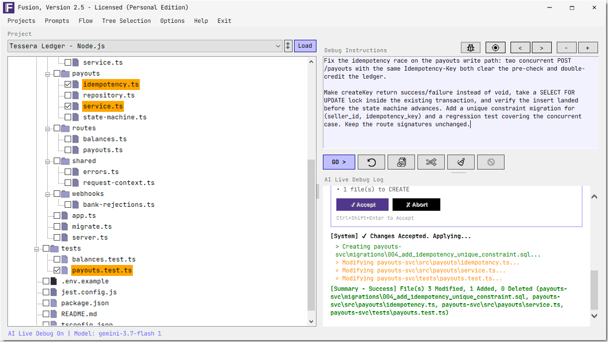 The Accept and Abort decision gate, followed by a success summary listing files modified, added and deleted.