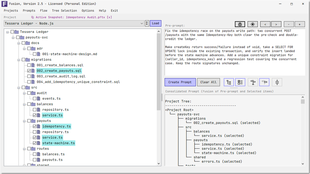 Fusion main window: a project file tree with individual files checked, a plain-English instruction, and the fully assembled prompt payload shown on the right before sending.