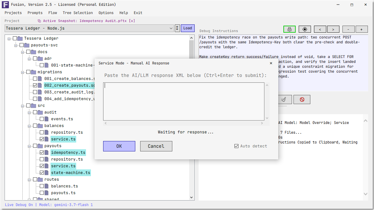 Service Mode dialog waiting for a manually pasted AI response, over a log confirming the payload was copied to the clipboard rather than sent.