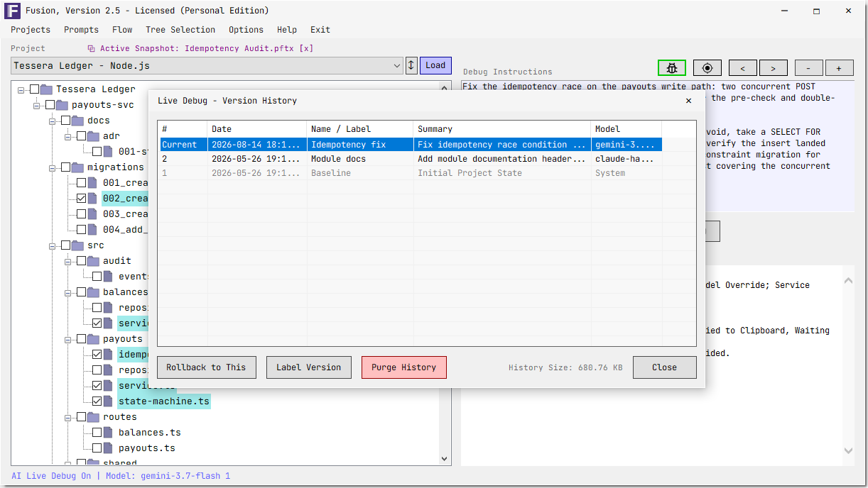 The Live Debug version history window listing versions by date, label, summary and model, with a rollback action.
